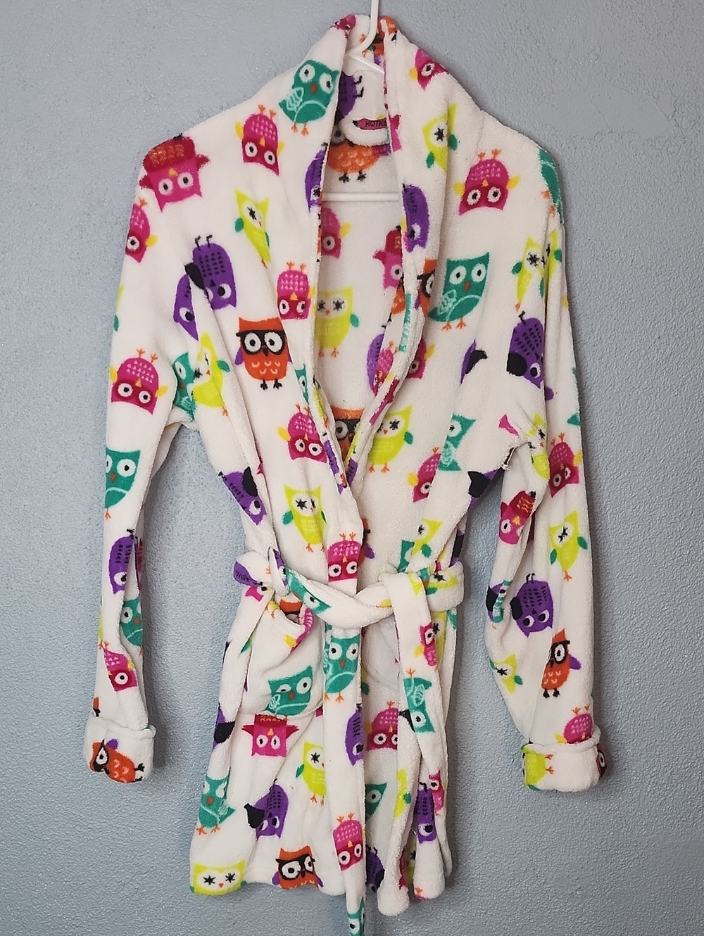Hot Kiss White Fleece Kids Robe with Multicolor Owl Print